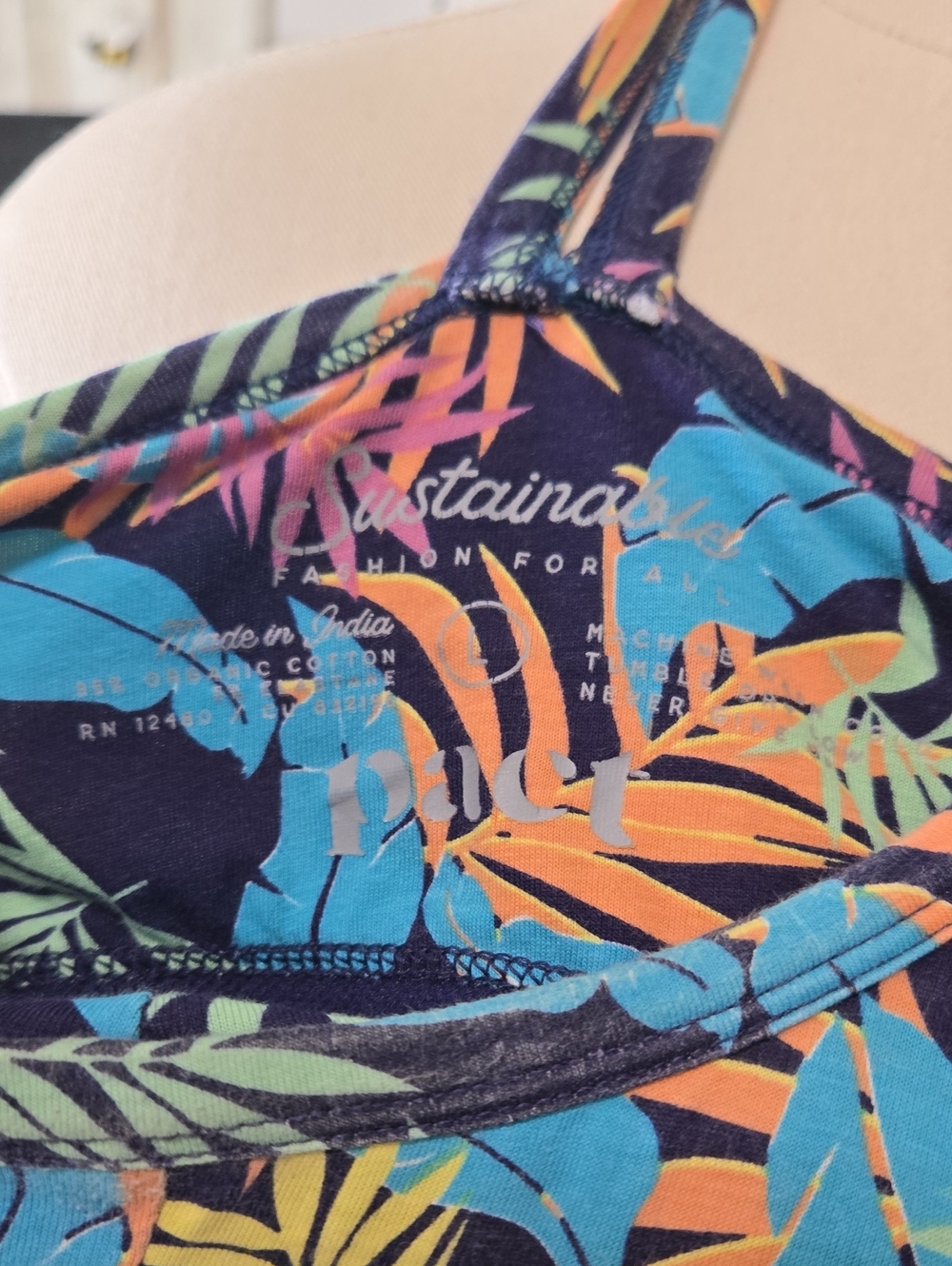 Pact Tropical Leaf Print Midi Dress in Navy with Teal, Coral, Yellow - Picture 5 of 6